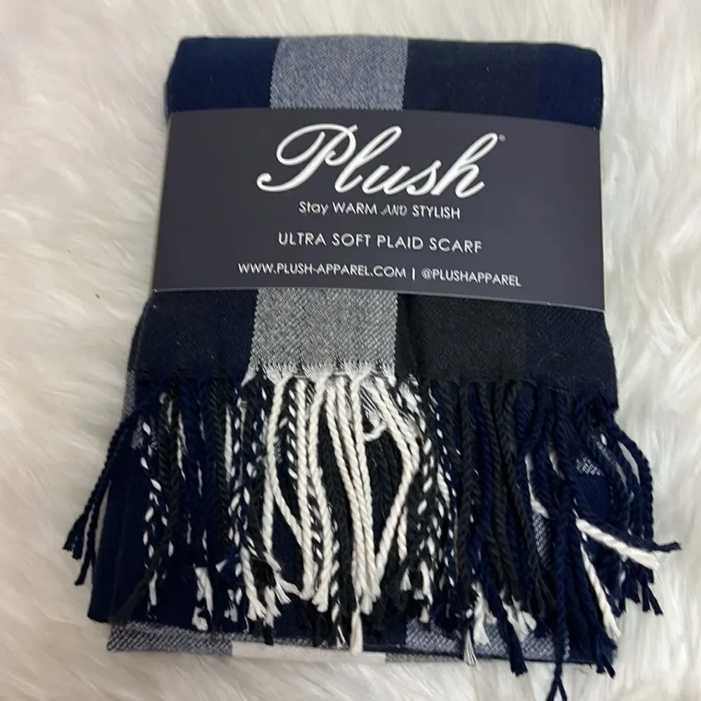 NWT Plush Women's Ultra Soft Plaid Scarf, Navy/Charcoal/White,‎ One Size D1